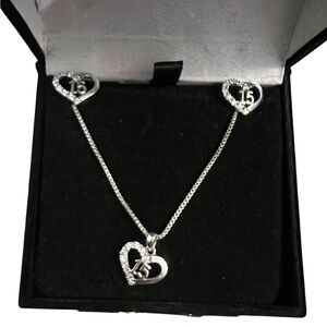 Silver 15th Birthday Heart Necklace & Earring Set